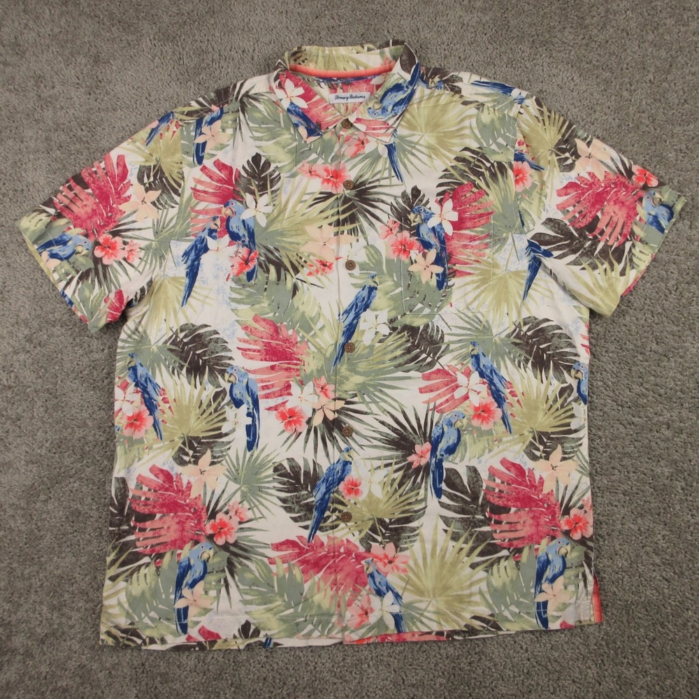 Tommy Bahama Shirt Mens XL Green Floral Birds Hawaiian Silk Tropical Button Up